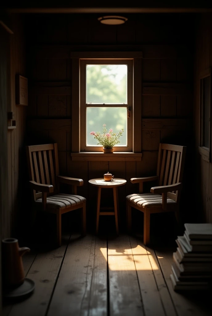 Inside a solitary cabin with two chairs separated by a table of size 16:4