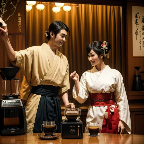 Samurai man and a happy Geisha, dancing, japonense ambience WITH A ANTIQUE COFFEE MACHINE, and cups of hot coffe. HD