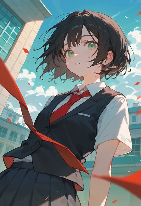 Jade green eyes, Short black hair, A girl student who looks like a cool prince with a black vest and red tie , School uniform with black vest and red tie ,School building