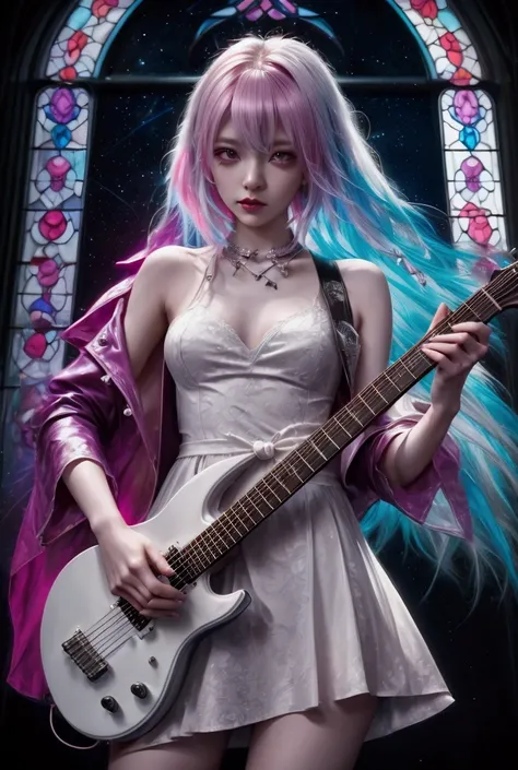  a woman in a dress holding a guitar in front of a stained window, By Yuumei, anime vibes, guitarist, guitar solo, Night, dream rocker girl,  Neon light and fantasy , electric woman , portrait of a woman like Reol, Style Ross Tran, High quality artwork, by...