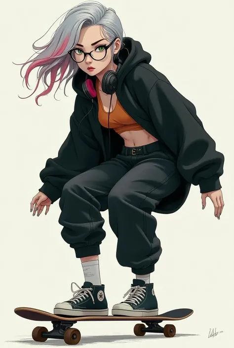  beautiful girl riding a skateboard 、、 white skin、big round glasses 、Oversized black hoodie 、Wearing a hood、 loose pants and sneakers、My belly is visible、Slit eyes、Pale green eyes、 with gray to pink gradient hair that flutters like the wind、Headphones、Glar...