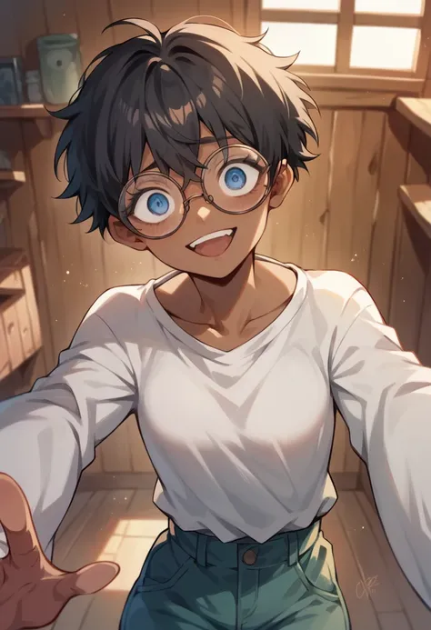 Chico Yandere , short black hair, glasses, dark skin, cabin,  yn long sleeve shirts unbutton , blue eyes , look full of love and positivity and of amorous psychopathy ,  looking straight ahead with an outstretched hand as if I wanted to take the camera 