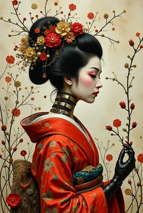 collage painting, many robot geishas, wires, buttons, circuits, vines, twigs, nature, science, dramatic, sexy, romanticism, neo-...