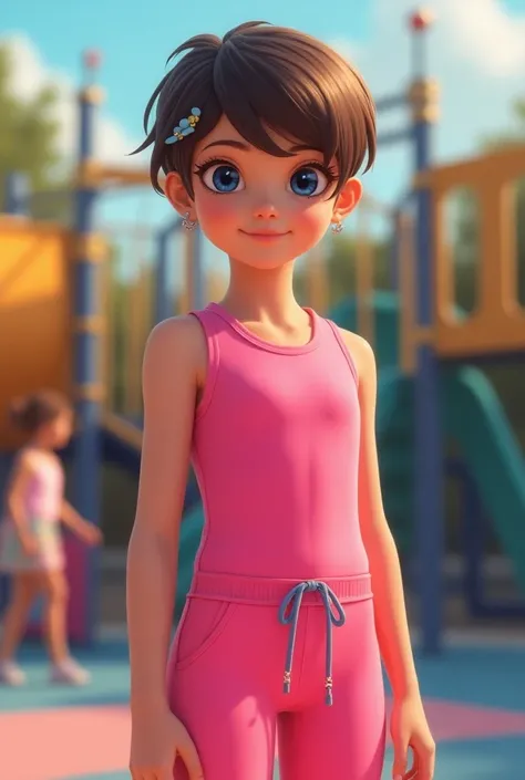 White girl , 10y, 1:4, standing, side view, pink jumpsuit, jumpsuit leggings, tight jumpsuit, waist cord, short pixie hair, brown hair, small earrings, hair pin, blue eyes, shy, playground, ren in background