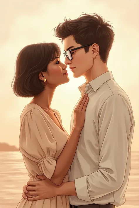 I would like to create an image of a couple in the form of a drawing, He is white with glasses she has a darker skin tone short with straight hair 
