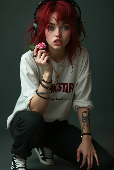  A girl with pale skin with messy dark red hair not so long ,  her eyes are light blue and her lips are half rosy clutching a Rose in her mouth,  has a loose white shirt that says Rockstar ,  with loose black pants with bracelets on her hands and a tattoo ...