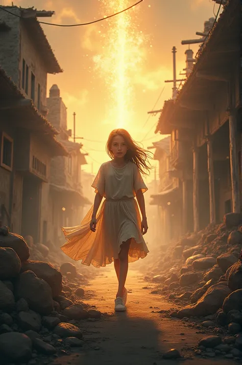 Girl walking in a destroyed village while the village is rebuilt through a spiritual power coming from heaven to her