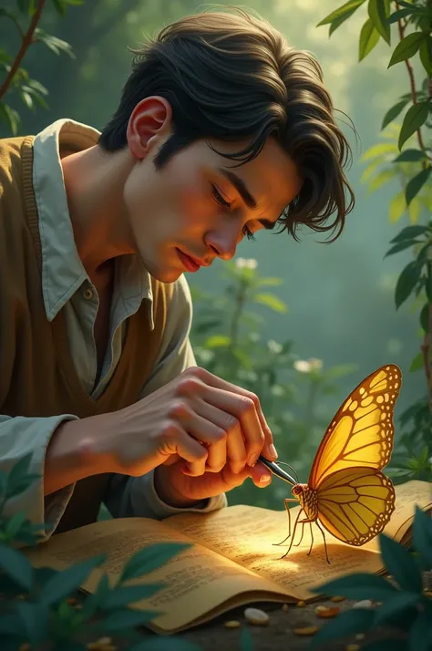 Sam gently uses a small tool to carefully cut the cocoon, his expression filled with concern and care as he helps the butterfly emerge."