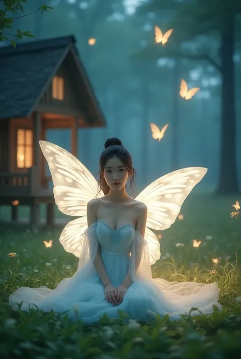 Beautiful Korean girl aged 30 years old with neat pigtails wearing princess fashion white blue light color glowing behind the body and there are big wings transparent white luminous squat half-sitting pressed tree house made of wood in front of grass with ...