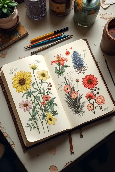 A top-down view of an open sketchbook with colorful, detailed sketches filling both pages.