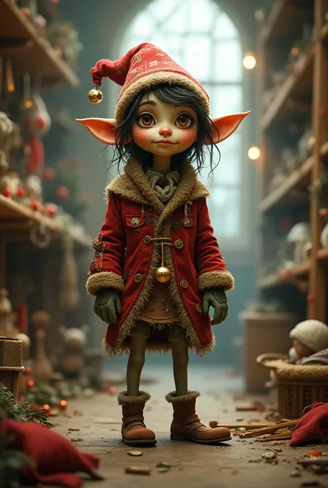 Design a woman goblin who is Santas assistant and that her clothes are made of various fabrics 