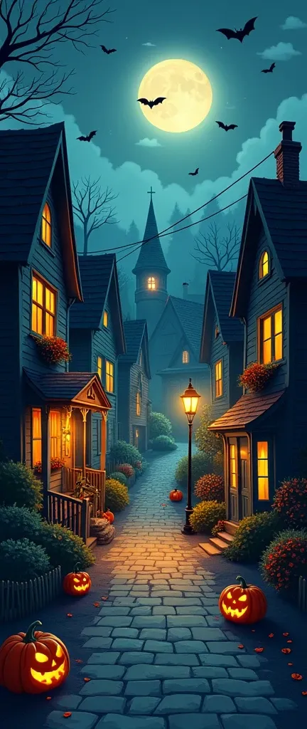 A late night neighborhood decorated to looks like a spooky Halloween town, filled with jack o lanterns, and anything Halloween related (illustration wallpaper)