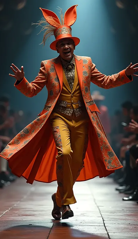 a fashionable and eccentric man in a whimsical costume dancing joyfully down the runway, masterpiece, hyper detailed, intricate, dramatic lighting, cinematic, 8k, vibrant colors, fashion photography, high-end editorial, dramatic pose, high fashion, stylish...