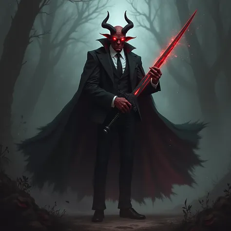 Red-eyed demon wearing a suit, wielding a sword, wearing a cloak 
