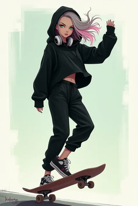  beautiful girl riding a skateboard 、、 white skin、Oversized black hoodie 、Wearing a hood、 loose pants and sneakers、I can see a little stomach、Slit eyes、Pale green eyes、 gray to pink gradation hair fluttering in the wind、Headphones、Glaring expression 、Very ...