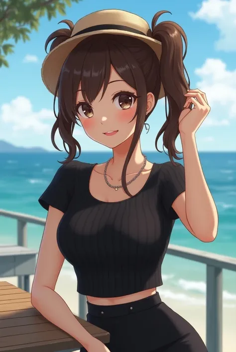 ( super real), (shape), ( High Resolution ), (8k), ( very detailed ), (Best shape), (Big beautiful double eyelids), (Best Quality), ( very detailed な), (masterpiece), (wallpaper), (Detailed face), Seaside terrace cafe、A clear background、 twin tails、Earring...