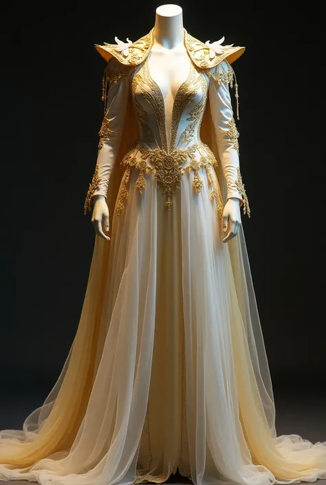  Create a costume that is from a Marvel witch concept, That it has the colors of gold and white, A dress , a ,  and as a cape and that the costume is on a mannequin  