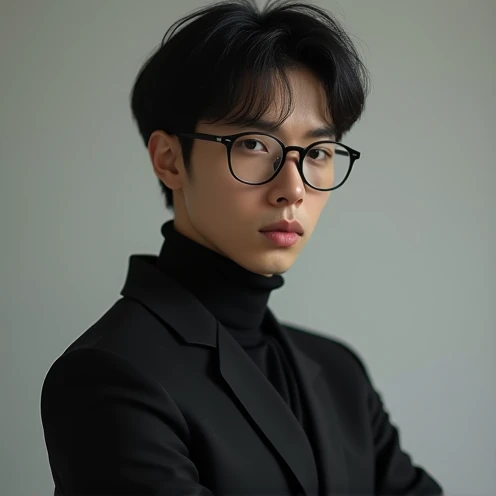 Asian male, black outfit, upper body, glasses