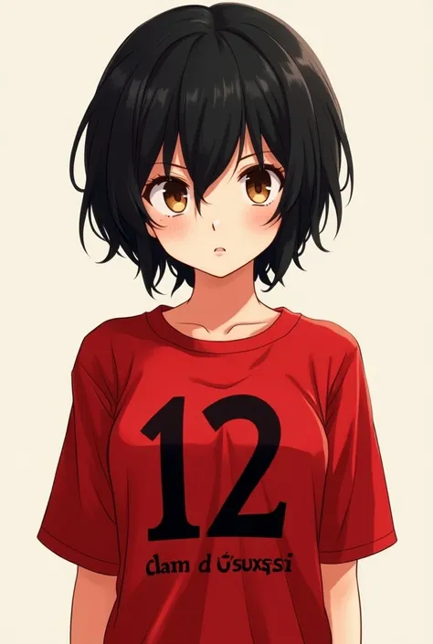 [ Image of an anime character with dark hair and brown eyes ,  wearing a red t-shirt with the number 12 and the name  "Dann dOxsósi "  written in black letters .  The character has a neutral facial expression and is facing the camera.]