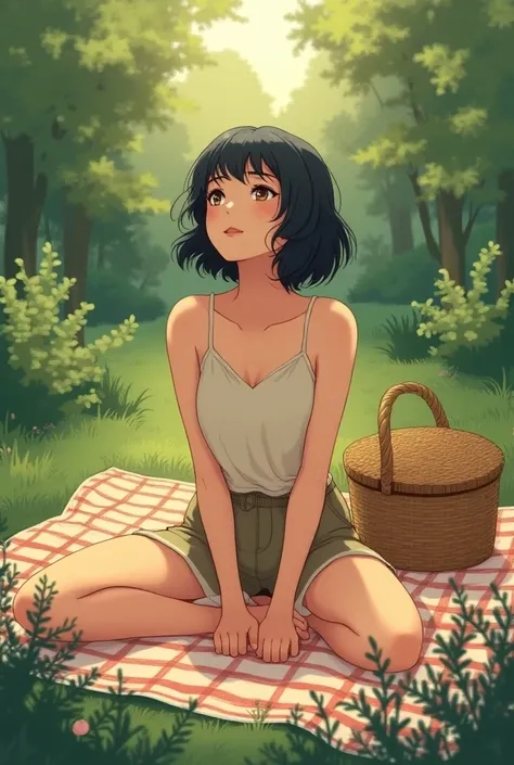 a woman, Illustration, black hair, short hair, wavy hair, sitting in a garden, on a plaid towel from PIC NIC with a straw basket, Looking up at the sky  