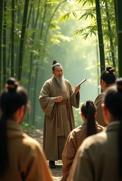 Scene in a bamboo forest. A 40-year-old philosopher of the Ming Dynasty (China). He is standing teaching his students,wearing the costume of a Ming Dynasty philosopher. One hand holds a book. The other hand holds a pen. Surrounded by male students listenin...