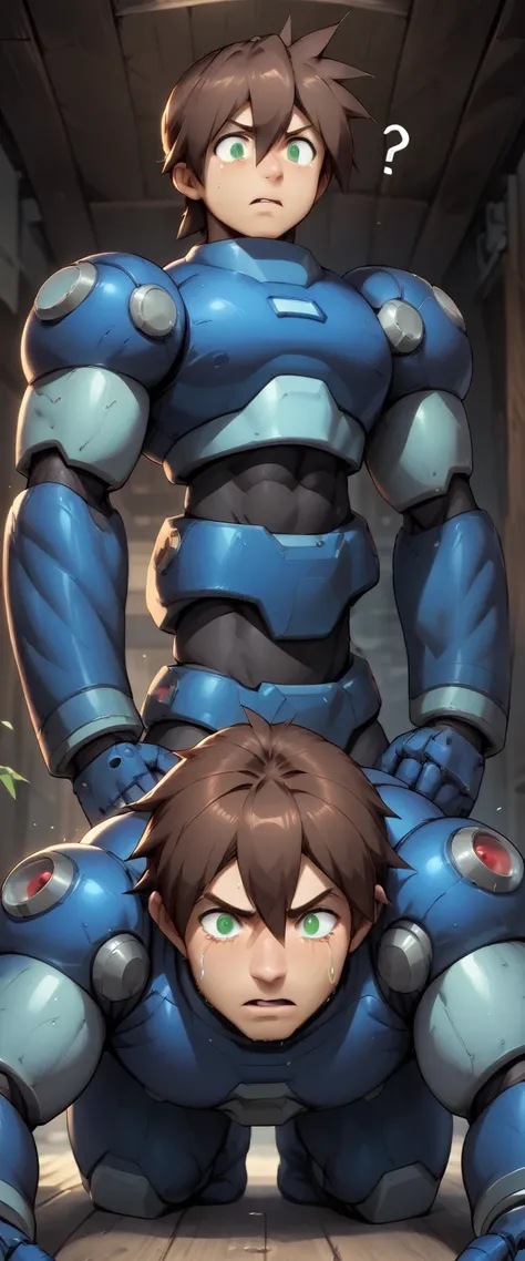 score_8, score_8_up, score_7_up, score_6_up, source_anime BREAK, male focus, , m3g4m4n, male focus, brown hair, green eyes,, android, hair between eyes, armor, confused, looking down, ???, ?, huge muscles,(Huge erection))penis, anal sex,doggy style、Crying ...