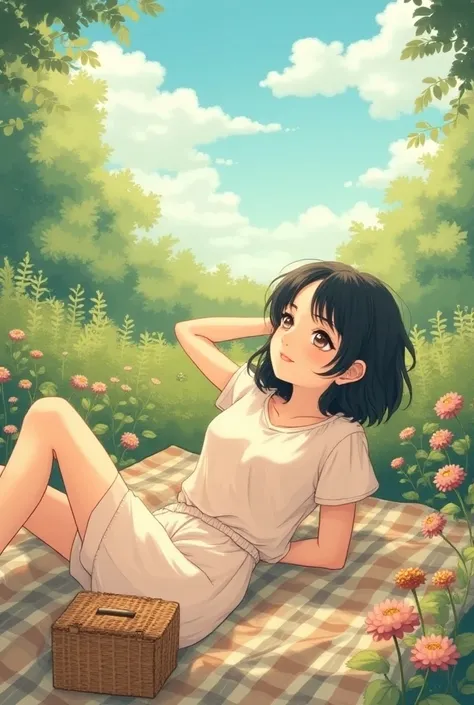 a woman, Illustration, black hair, short hair, wavy hair, lying in a garden ,  on a plaid PIC NIC towel with a straw basket, Looking up at the sky  