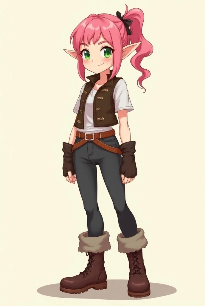 Full body, subject in semi-profile, 1 woman, small ears, slightly pointed ears, gnome ears, pink hair, green eyes, slim, medium chest, nice legs, smiling, friendly, fantasy medieval, RPG clothes, leather boots, rogue clothes, anime style, simple drawing, l...