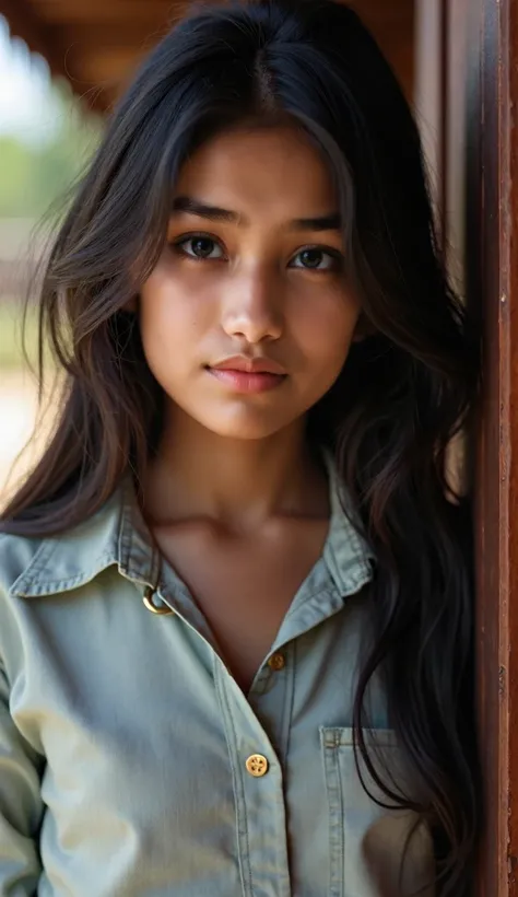 best quality, face focus, ultra high res, (photorealistic:1.4), RAW photo,
1nepali girl, solo,, cute, (pupil, lights in the eyes),  detailed beautiful face, (small chest),(high resolution detail of human skin texture),
(long hair),
Outdoor door,
Shirt Dres...