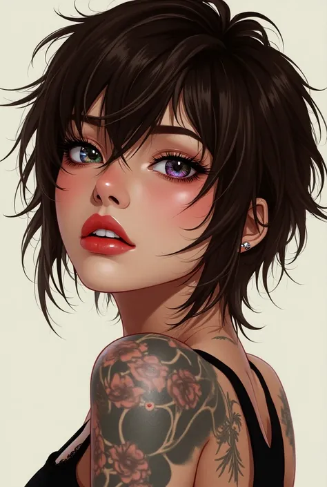 Anime style woman with tattoos and nose piercings,  with short brown hair , very sexy lenses  