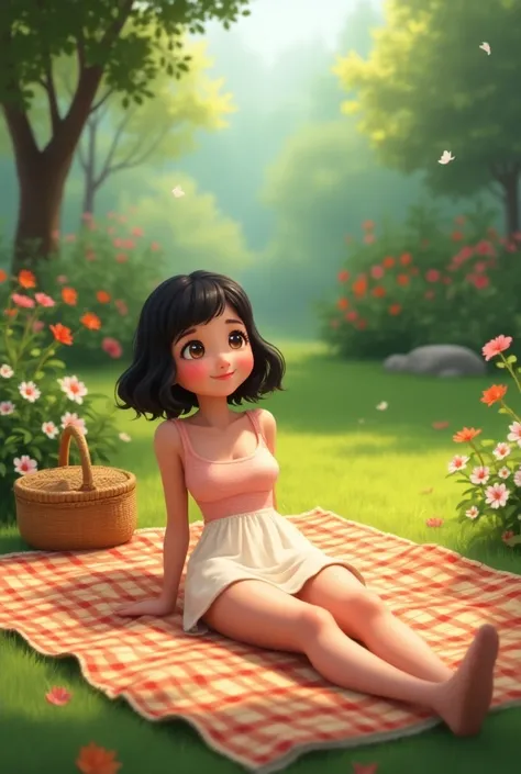 a woman, pixar style cartoon, black hair, short hair, wavy hair, lying in a garden ,  on a plaid PIC NIC towel with a straw basket, Looking up at the sky  