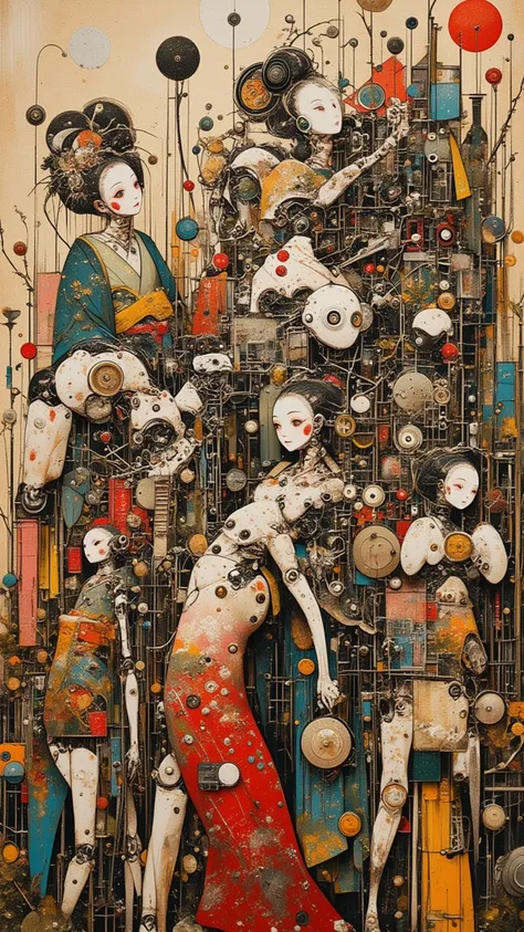 collage painting, many robot geishas, wires, buttons, circuits, vines, twigs, nature, science, dramatic, sexy, romanticism, neo-classical, experimentalism, baroque, impressionism, expressionism, unexplained beauty, avant garde, art deco, art nouveau, scien...