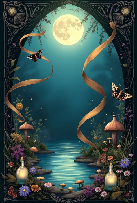 Birthday invitation for "Friday October 27th, 2024", empty space for writting to be added later, anime themed art style, deep tones, gothic garden, filigree borders, moon reflecting on a pond or fountain, alchemy, moon, sun and stars, small flowers, potion...