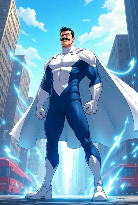 (Middle-aged man with short black hair, in white cape, handle bar mustache, wearing skin tight white and blue original superhero suit: 1.2, background in city streets), (blue and white energy particle effects emitting around), anime style