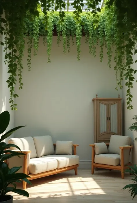 Simple room with green leaves ,  with a sofa, a chair and a closet in the corner 