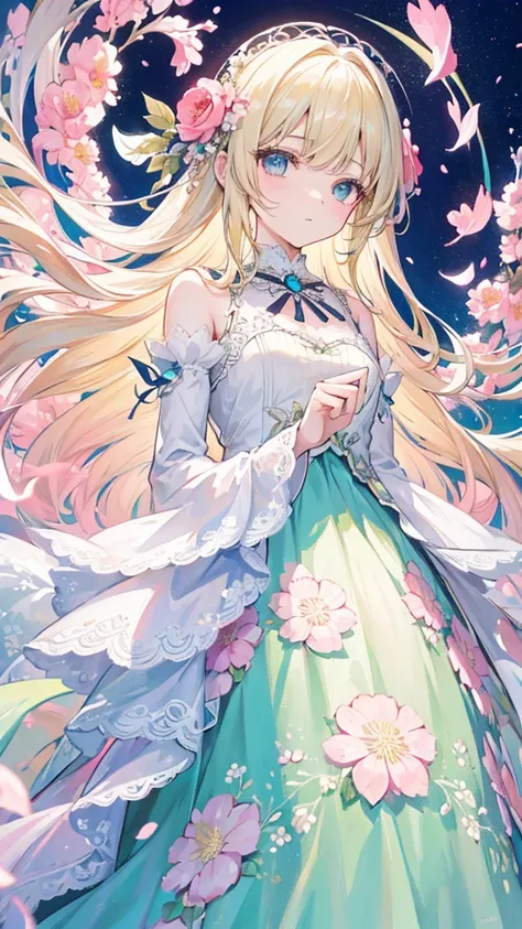 A character with long blonde hair and bangs, wearing a dress inspired by flowers, with petal-like patterns and floral accents. The dress is elegant and beautiful, with flowing fabric in shades of green, pink, and soft pastel colors. The character has a cal...