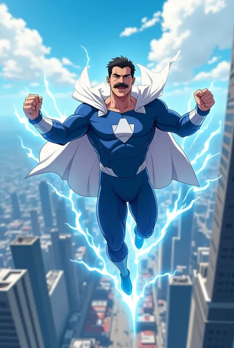 (Middle-aged man with short black hair, in white cape, handle bar mustache, wearing skin tight white and blue original superhero suit: 1.2, background flying over a city), (blue and white energy particle effects emitting around), anime style