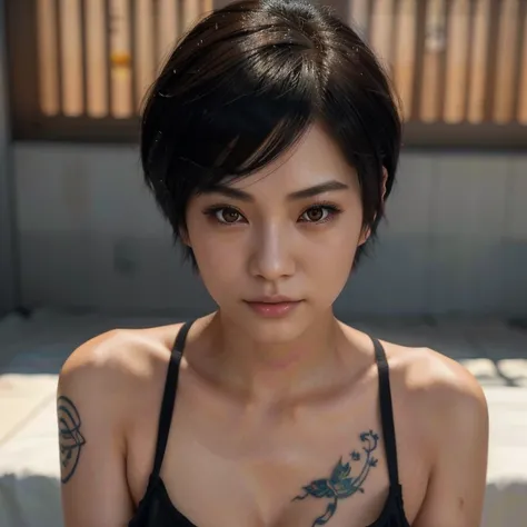 a there is a woman with a tattoo on her chest posing for a picture, hyper realistic anime, seductive anime girl, anime. soft lighting, photorealistic anime, photorealistic anime girl render, ultra realistic picture, artwork in the style of guweiz, realisti...