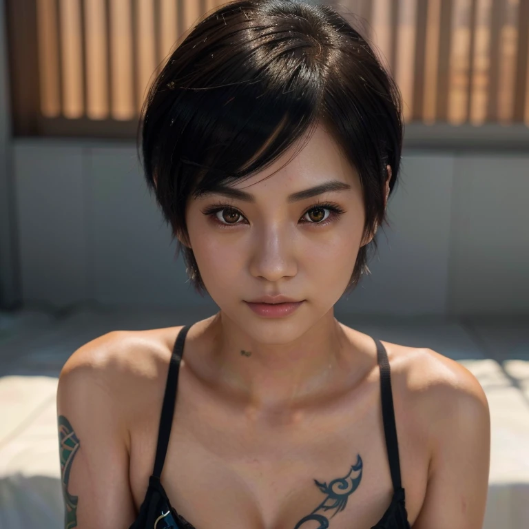 a there is a woman with a tattoo on her chest posing for a picture, hyper realistic anime, seductive anime girl, anime. soft lighting, photorealistic anime, photorealistic anime girl render, ultra realistic picture, artwork in the style of guweiz, realisti...