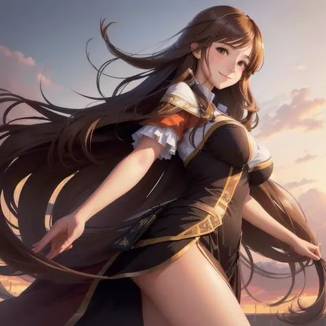 1 girl, Necessary,  long hair ,  brown hair,  BIG BREASTS, gentle smile, simple background,  Dutch angle , silhouette,  drop shadow , anime, 