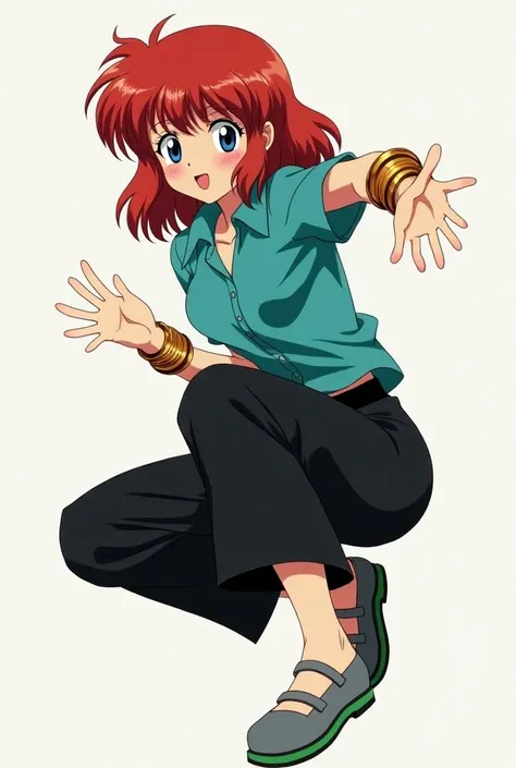 Ranma version 1 /2,  a girl with shiny red hair that reaches her waist ,  wears a teal blouse and loose black pants ,  wears gray shoes with a green stripe her eyes are light blue and she is always smiling , Besides, she has gold bracelets on both her wris...