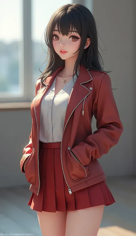  a European beauty，Full body shot，Masterpieces，masterpiece，8k， HD quality，CG character style ，3D Modeling，3d anime characters，realism 0.8，Full body shot， A woman in a short skirt and jacket is posing for a photo，True 0.8，The picture is somewhere between re...