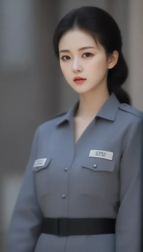 美丽的韩国女性特写, 34 inch bust size , Closeup of a beautiful Korean woman dressed as a prison guard , Scenery background,  Ultra HD