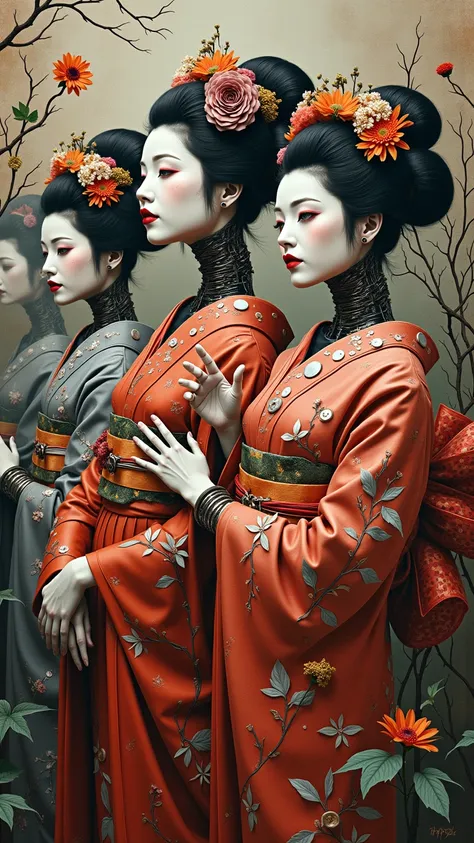 collage painting, many robot geishas, wires, buttons, circuits, vines, twigs, nature, science, dramatic, sexy, romanticism, neo-classical, experimentalism, baroque, impressionism, expressionism, unexplained beauty, avant garde, art deco, art nouveau, scien...