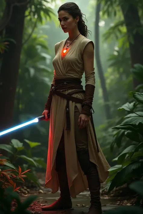 A jedi woman wearing thigh length tan robes and brown pants on a lush jungle planet, wearing a firey orange and red gem in a necklace that glows faintly in the dark, shadowy lighting, holding a lightsaber whose blade changes from blue to red lighting, refl...