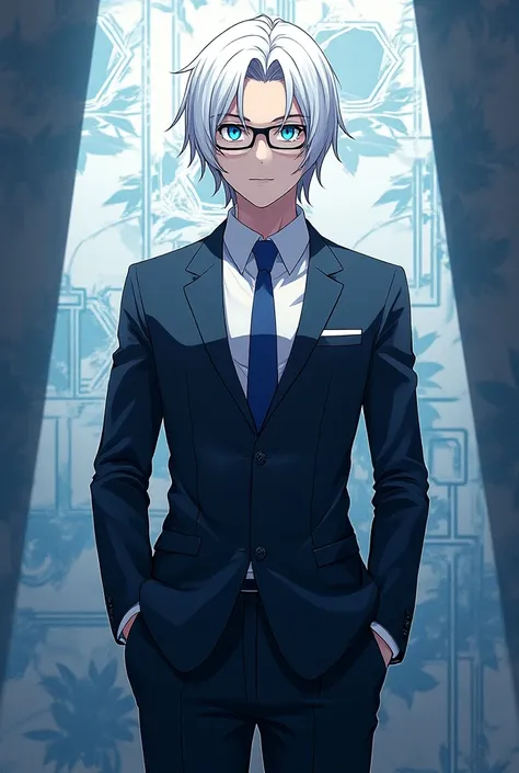 Create a character in a suit with white hair, blue eyes, glasses and anime graphics