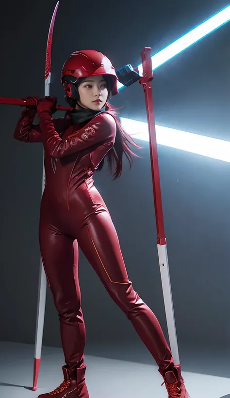 Accurate 、Full Body Photo 、Standing in her full height from head to toe 、Studio background 、 Yeri from Red Velvet 、Wearing a super tight ruby coloured zero suit 、Ruby zero boots 、Holding a double dagger with an electric effect、Ruby helmet 、Ruby red scarf.