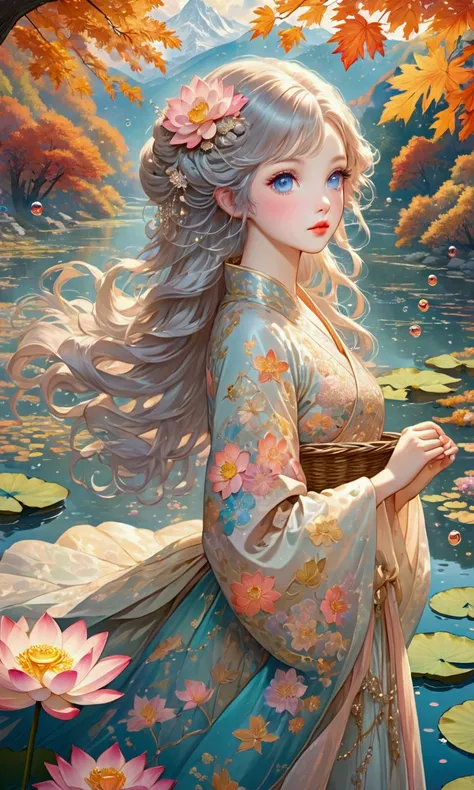 Create a drawing with a completely LOTUS POND BACKGROUND, but adorned with various elements such as MAPLE, dry leaves and mists. a cute FAIRY animated girl, beautiful detailed eyes, beautiful detailed lips, extremely detailed eyes and face, long eyelashes,...