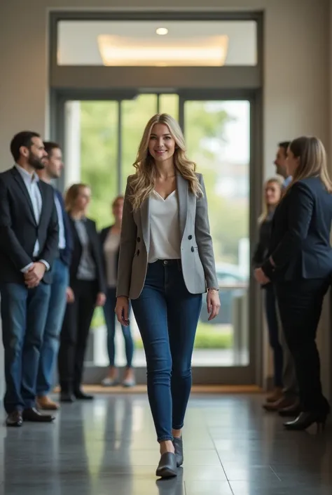 Woman walks into office building ， greets colleagues with smile