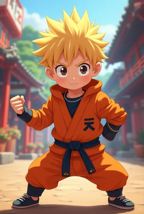 A baby ninja in a vibrant Anime world, Orange jumpsuit,  The initials of the soul are on the chest of the jumpsuit,Spiky blonde hair, Resolute look, Full body in a dynamic action pose , detailed Anime-style rendering, Bright color palette,  dynamic lightin...